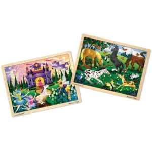 Melissa & Doug Wooden Jigsaw Puzzles Set - Fairy Princess Castle and Horses