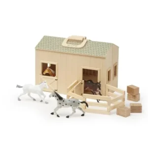 Melissa & Doug Fold and Go Wooden Horse Stable Dollhouse with Handle and Toy Horses, 11pc