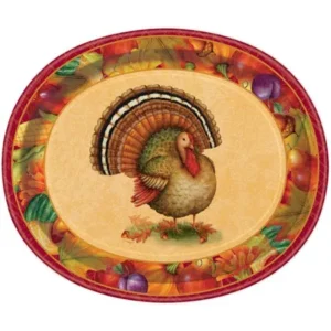Festive Turkey Thanksgiving Oval Paper Plates, 12.25 in, 8ct
