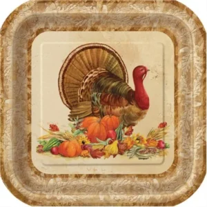 7" Square Rustic Turkey Thanksgiving Paper Dessert Plates, 10ct