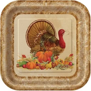 9" Rustic Turkey Thanksgiving Square Paper Dinner Plates, 8ct