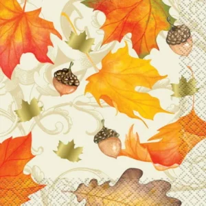 Foil Gold Fall Leaves Thanksgiving Cocktail Napkins, 16 Count