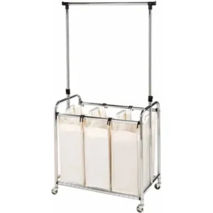 Seville Classics Mobile 3-Bag Heavy-Duty Laundry Hamper Sorter Cart with Clothes Rack
