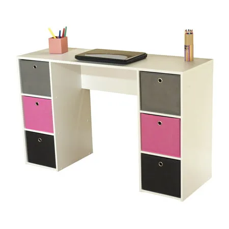 Kids Desk with Six Fabric Storage Bins, Multiple Colors