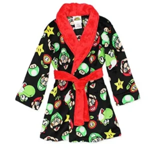 Super Mario Boys Fleece Bathrobe Robe (Large / 10-12, Black/Red)