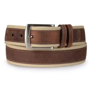 Nautica 44 Mens Canvas and Leather Overlay 1 3/8 Inch Belt, Khaki