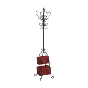 Southern Enterprises Scrolled Coat Rack with Rattan Basket Storage, Black