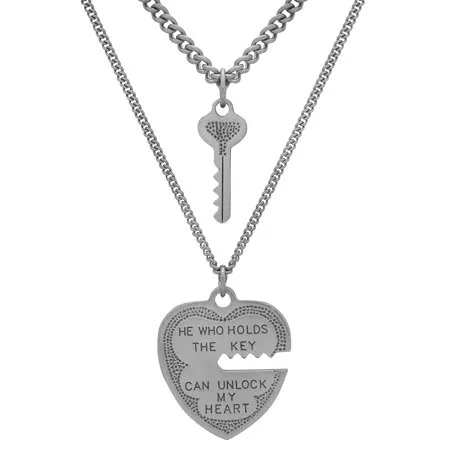 Brilliance Fine Jewelry Heart and Key Sterling Silver Necklace Set, 18"