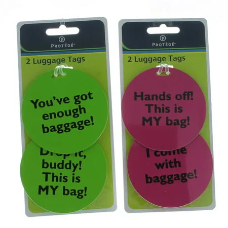 Set of 4 Protege Humorous Luggage Tags Round Green/Pink Suitcase ID