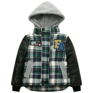 Richie House Little Boys Green Plaid Faux Leather Hooded Padding Jacket 2/3