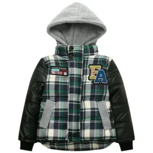 Richie House Little Boys Green Plaid Faux Leather Hooded Padding Jacket 3/4