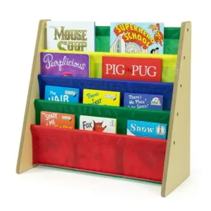 Tot Tutors Kids Book Rack with Fabric Sling Sleeves, Multiple Colors