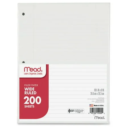 Mead Filler Paper, 15lb, Wide Rule, 3 Hole, 10 1/2 x 8, 200 Sheets -MEA15200