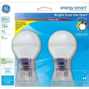 GE CFL 15W (60W Equivalent) Bright From the Start Light Bulbs, 2-pack