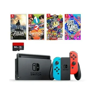 Nintendo Swtich 6 items Bundle:Nintendo Switch 32GB Console Neon Red and Blue Joy-con,64GB Sd Card,4 Game Disc1-2-Switch Just Dance2017 The Legend of Zelda Super Bomberman R