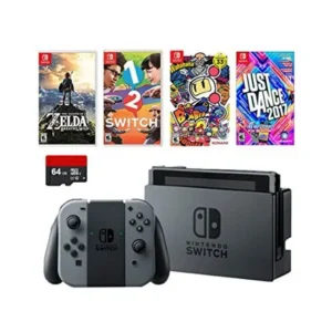 Nintendo Swtich 6 items Deluxe Game Bundle:Nintendo Switch 32GB Console Gray Joy-con, 64GB Micro SD Memory Card The Legend of Zelda: Breath of the Wild 1-2-Switch Just Dance 2017 Game Disc