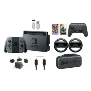 Nintendo Switch 32GB Console Gray Joy-con Bundle:Mario Kart 8 Deluxe and Deluxe Travel Case,The Legend of Zelda:Breath of the Wild,Pro Controller,Joy-Con Wheel (Set of 2)