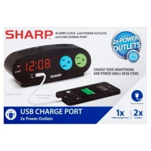 Sharp Alarm Clock with Power Outlets and USB Charge Port