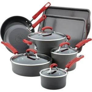 Rachael Ray Hard-Anodized Nonstick 12-Piece Cookware Set, Grey with Red Handles
