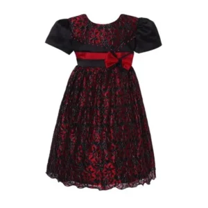 Little Girls Red Black Flower Bow Adorned Sweet Party Dress 3