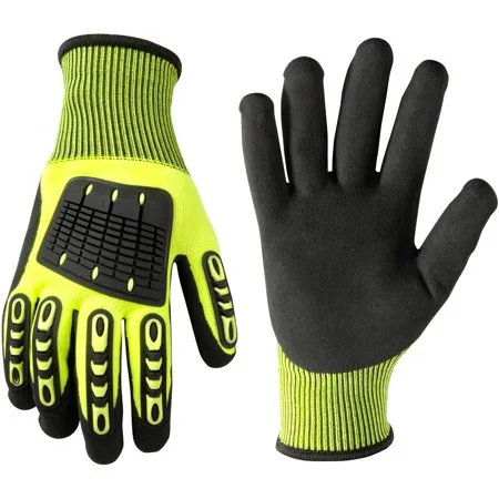 Wells Lemont 589L Impact Protection Nitrile Gloves, Large, Hi Viz Green with TPR Knuckle and Finger Back Protection, Polyester Knit Shell