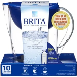 Brita Pacifica Water Filtration Pitcher with 1 Filter, 10-Cup, BPA Free, Blue