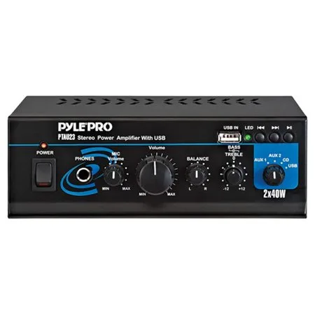 Pyle PTAU23 Mini Stereo Power Amplifier - 2 x 40W w/ USB, AUX, CD & Mic Inputs