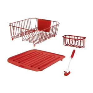 Rubbermaid Antimicrobial Sink Dish Rack Drainer Set, Red, 4-Piece Set