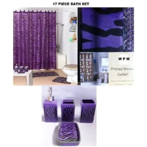 17 Piece Bath Accessory Set- Purple Zebra Shower Curtain with Decorative Rings + Bathroom Accessories Set