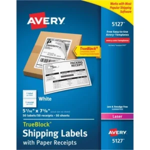 Avery Shipping Labels w/Paper Receipt, TrueBlock, 5 1/16 x 7 5/8, White, 50/Pack