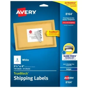 Avery Shipping Labels, Sure Feed, 3-1/3" x 4", 150 White Labels (8164)
