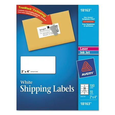 "Avery White Shipping Labels with TrueBlock Technology 18163, 2"" x 4"", Laser/Inkjet, 100pk"