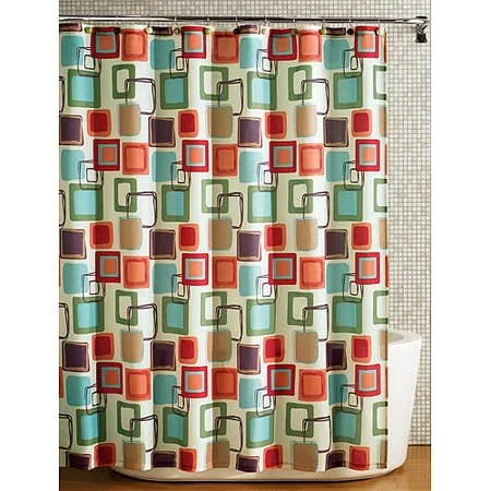 Hometrends Squares Fabric Printed Shower Curtain, Multicolored, Polyester