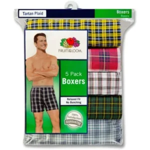 Fruit of the Loom Men's Woven Tartan Plaid Boxers, Extended Sizes, 5 Pack