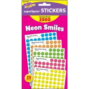 Trend superSpots Neon Smiles Stickers Variety Pack, Neon Green, Neon Yellow, Neon Orange, Neon Blue, Neon Pink, 2500 / Pack (Quantity)