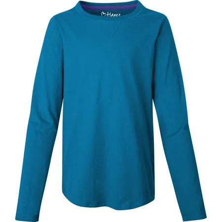 Hanes Girls' V-Notch Shirttail Long-Sleeve Crewneck T-Shirt