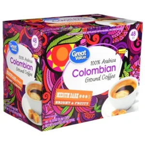 Great Value 100% Colombian Ground Coffee Single Serve Cups, Medium Dark Roast, 48 Count