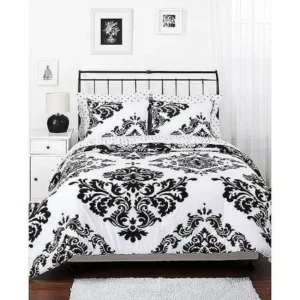 Reversible Black and White Classic Noir 3-Piece Comforter Set with Shams, Full