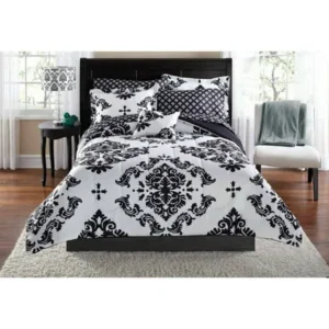 Mainstays Classic Noir 7-8 Piece Bed in a Bag Bedding Comforter Set with BONUS Sheet Set and Throw Pillow, Twin/TwinXL, Black