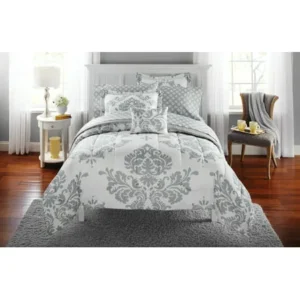 Mainstays Classic Noir Bed in a Bag Bedding Comforter Set, Queen, Grey