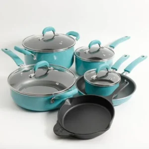 The Pioneer Woman Vintage Speckle 10-Piece Non-Stick Pre-Seasoned Cookware Set, Turquoise