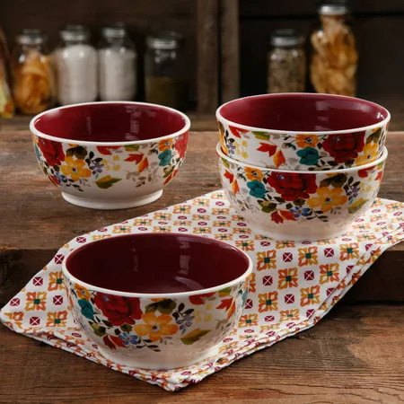"The Pioneer Woman Timeless Floral Claret 6"" Non-Footed Bowl Set, 4-Pack"