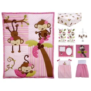 Little Bedding by NoJo 3 Little Monkeys 10pc Nursery in a Bag Crib Bedding Set, Girl