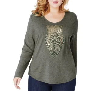 Just My Size Women's Plus Size Long Sleeve Printed V neck T shirt