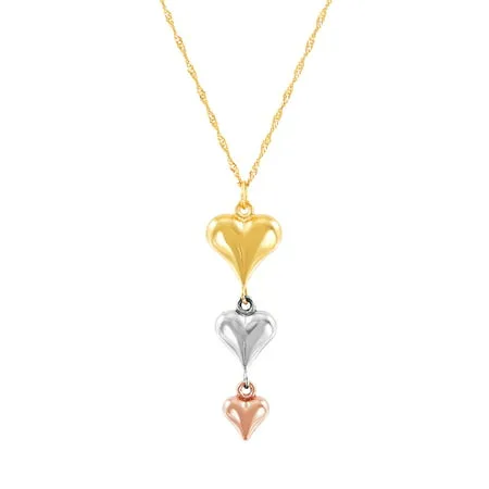 Brilliance Fine Jewelry 10K Yellow, White and Pink Gold Puffed Heart Pendant, 18" Necklace