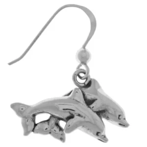 Sterling Silver Double Dolphin Mother and Child Dangle Earrings