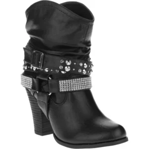 MOMO Women's High Heeled Bootie with Rhinestones and Studded Ankle Belt