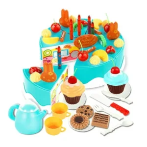 54Pcs Kids Plastic Kitchen Cutting Toys Birthday Cake Pretend Playing Food Toy Set for Kids Girls - Blue