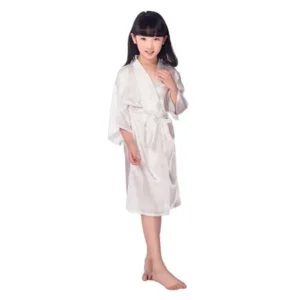 Kids Satin Kimono Robe Bathrobe Nightgown For Spa Party Wedding Birthday - Size 14 (White)