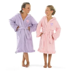 Linum Sweet Kids Ruffled Turkish Cotton Hooded Terry Bathrobe with Embroidered Pink and Purple Bows